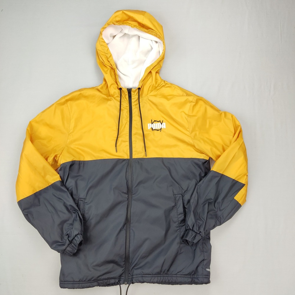 Puma Windbreaker Mens Small Yellow Gray Windcell Colorblock Fleece Lined Jacket